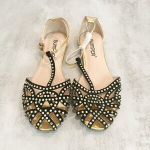 NWOT Bumper Ballet Flats Shoes Sandles Black Gold Rhinestones Strappy Holiday